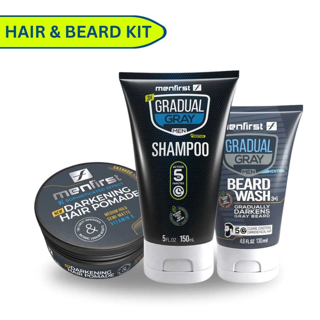 Menfirst Gradual Gray - Good Bye Gray Hair- 3-in-1 Shampoo + Beard Wash & Darkening Pomade - 3 Pack Bundle | MENLL